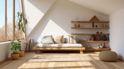 柔らかな自然光が入る木製ベッドのワンルーム