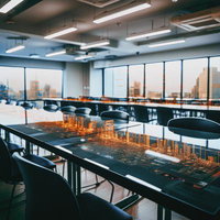 高層ビル俯瞰図が映るオフィスの大会議室でのビジネスミーティングの写真