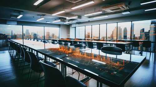 高層ビル俯瞰図が映るオフィスの大会議室でのビジネスミーティング