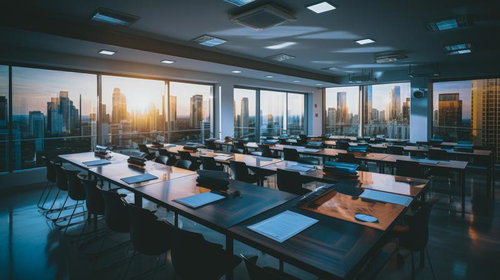 誰もいない高層オフィスの朝の会議室、大きな窓と白いデスク