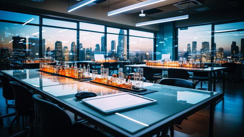 夜景を望む近未来なオフィスの高層階会議室