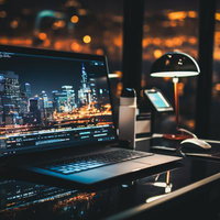 夜景を背景にしたPC動画編集とコーディング作業のワークスペースの写真