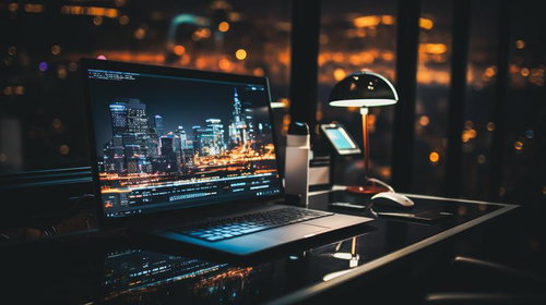 夜景を背景にしたPC動画編集とコーディング作業のワークスペース