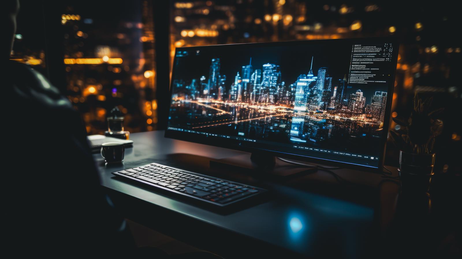 キーボードとモニターで夜景を見ながら行うPCワークとセキュリティ業務の風景