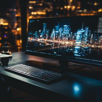 夜景が映るモニターで行うモダンなテクノロジーと都会のPCワークの写真