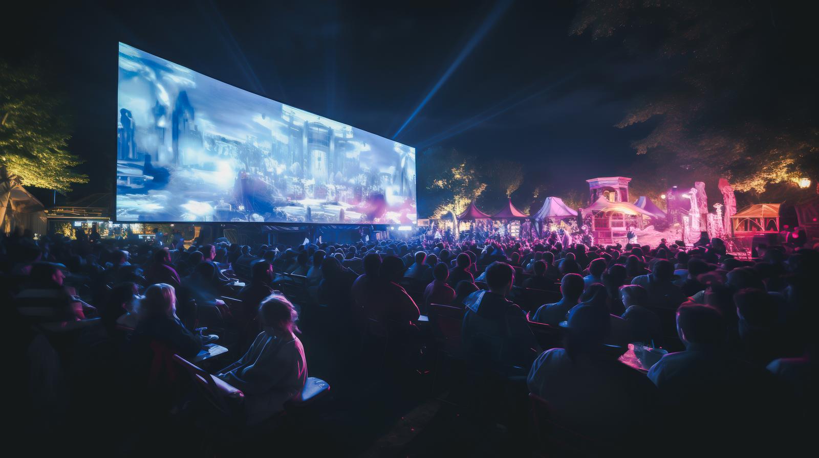 ピンク色ライティングで照らされた夜間のパブリックビューイング会場と大型スクリーン