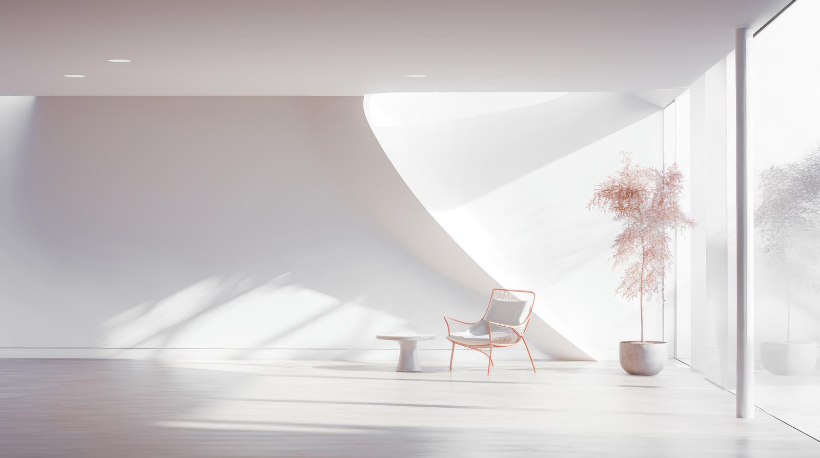 新築マンションの白い室内に自然光が差し込み、オレンジ色のチェアがある開放的な空間