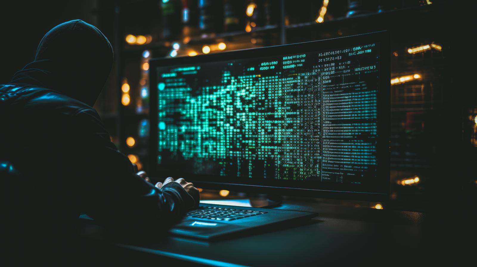 モニターの暗号文を見つめるハッカー。青緑のコード表示と背景の都市照明