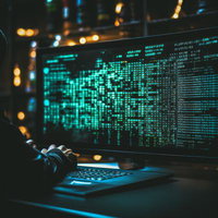 暗号文を表示するモニターの前でサイバー攻撃を行うハッカーの写真