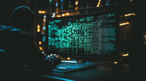 暗号文を表示するモニターの前でサイバー攻撃を行うハッカー