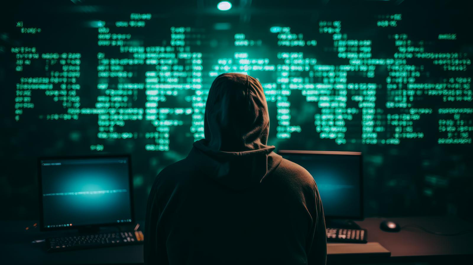 緑色のコード画面を前に監視するパーカー姿のハッカー