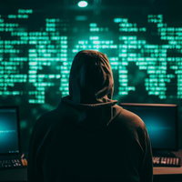 緑色のコード監視画面でサイバー犯罪を分析するハッカーの写真