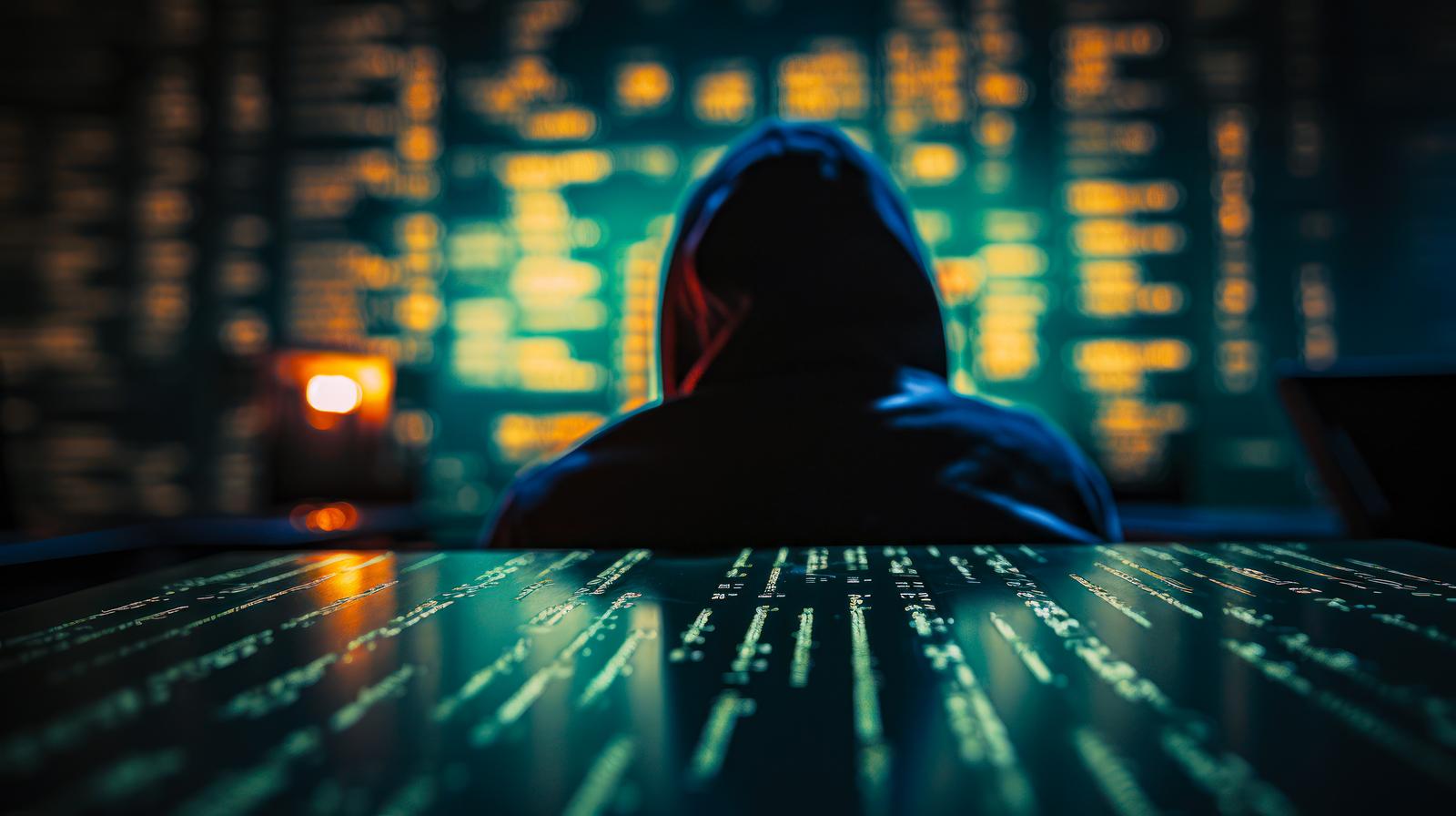 セキュリティホールをついて侵入するハッカーのシルエット