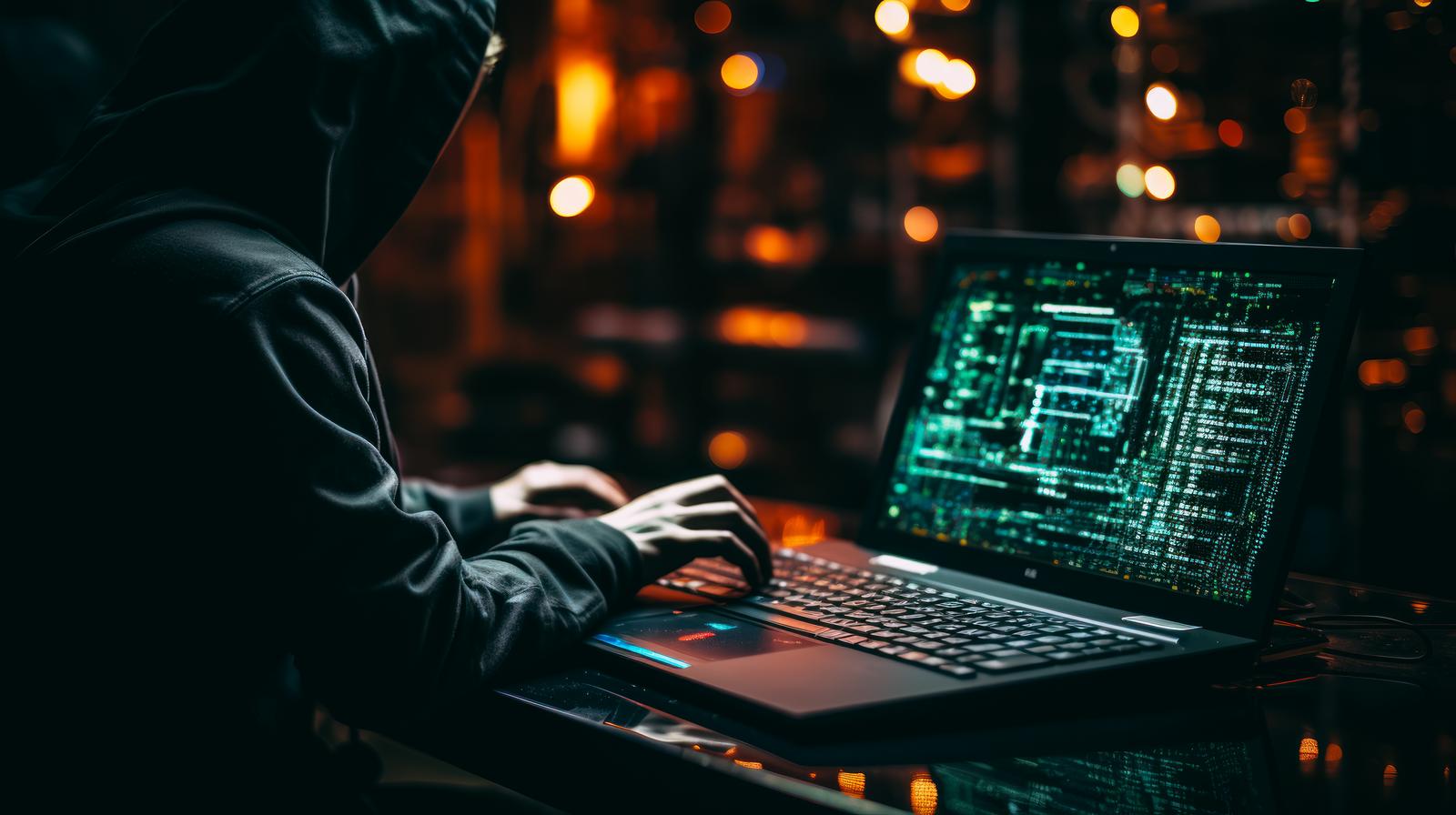 夜間の街明かりを背景にコンピューターを操作するハッカー