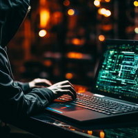 夜間のコンピューター画面で電脳戦に挑む凄腕ハッカーの写真