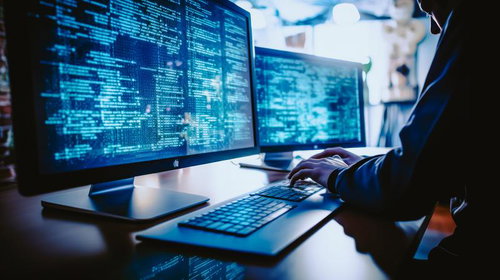 コンピューター画面に映るコードを操作するホワイトハッカーとプログラミング