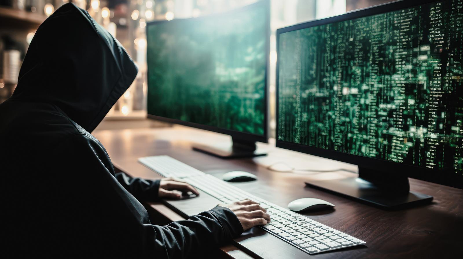 フードをかぶったハッカーがマトリックス風のコード画面の前で作業する
