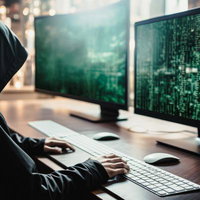 正義のためにサイバー攻撃をする名もなきハッカーの作業風景の写真