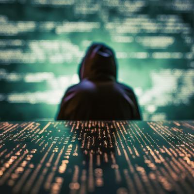 デジタル画面を背にした緑色に発光するハッキングの魔術師の写真