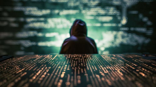 デジタル画面を背にした緑色に発光するハッキングの魔術師