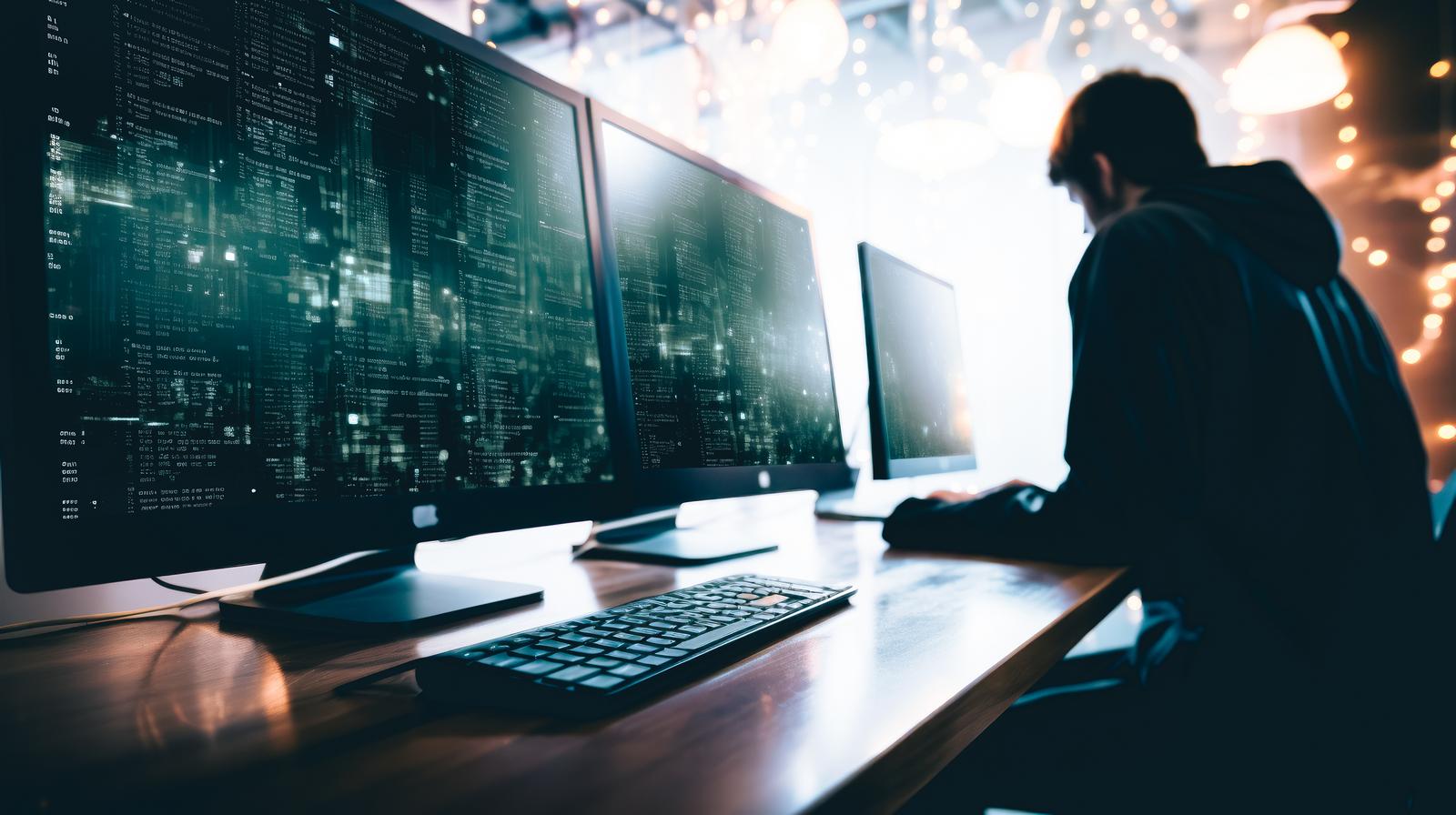 複数モニターでサイバーセキュリティの業務を行うハッカーの姿