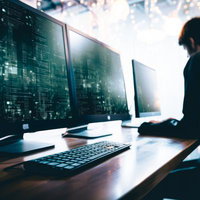 複数モニターでサイバー攻撃に対抗するハッカーの電脳感のある仕事の写真