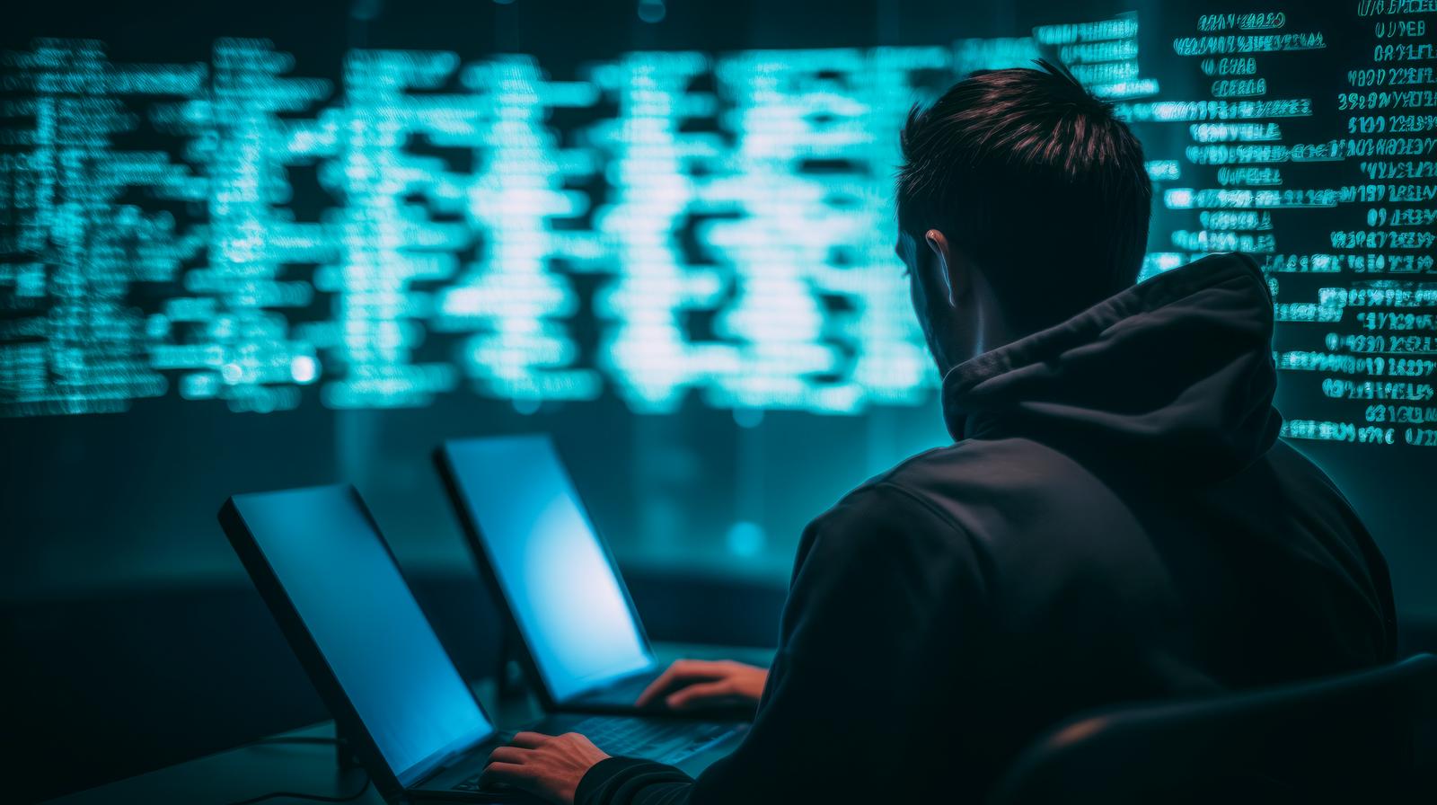 暗い室内でノートパソコンを操作し、背後のディスプレイに流れるコード文字列を見つめる人物
