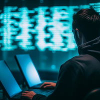 コードが流れるディスプレイを前にしたサイバー犯罪との攻防戦の写真