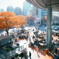 紅葉と共に広がる新たなビジョン、高層ビルに囲まれた都会のテラス広場の写真