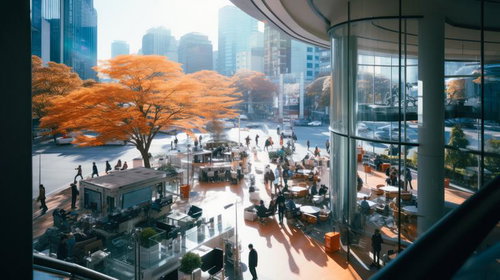 紅葉と共に広がる新たなビジョン、高層ビルに囲まれた都会のテラス広場