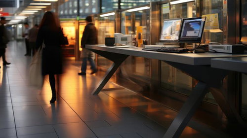 オフィスビジネスの受付カウンターでPC作業する風景