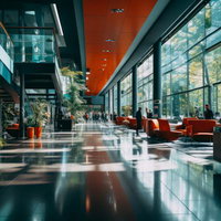 大型ショッピングモール内のロビー空間とラウンジの商業施設インテリアの写真