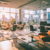 朝を迎えるスタートアップのオフィス内、高層ビルからの眺望の写真