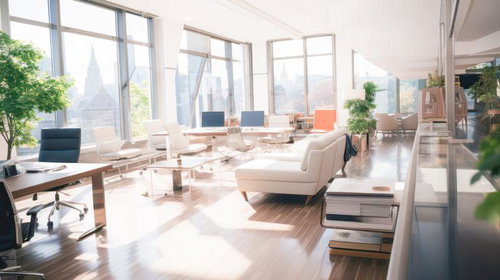 高層ビルを望む大型ガラス張りのモダンオフィスデザイン