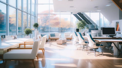 高層オフィスのリラックススペース、観葉植物とガラス窓のモダンラウンジ