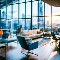 ガラス張りのモダンオフィスラウンジ、夕日に輝く高層ビル景観の写真