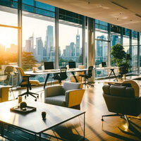 夕焼けに染まるガラス張りのモダンオフィスラウンジの写真