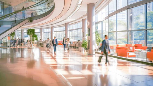 モダンなオフィスビルのショッピングモール風ラウンジ