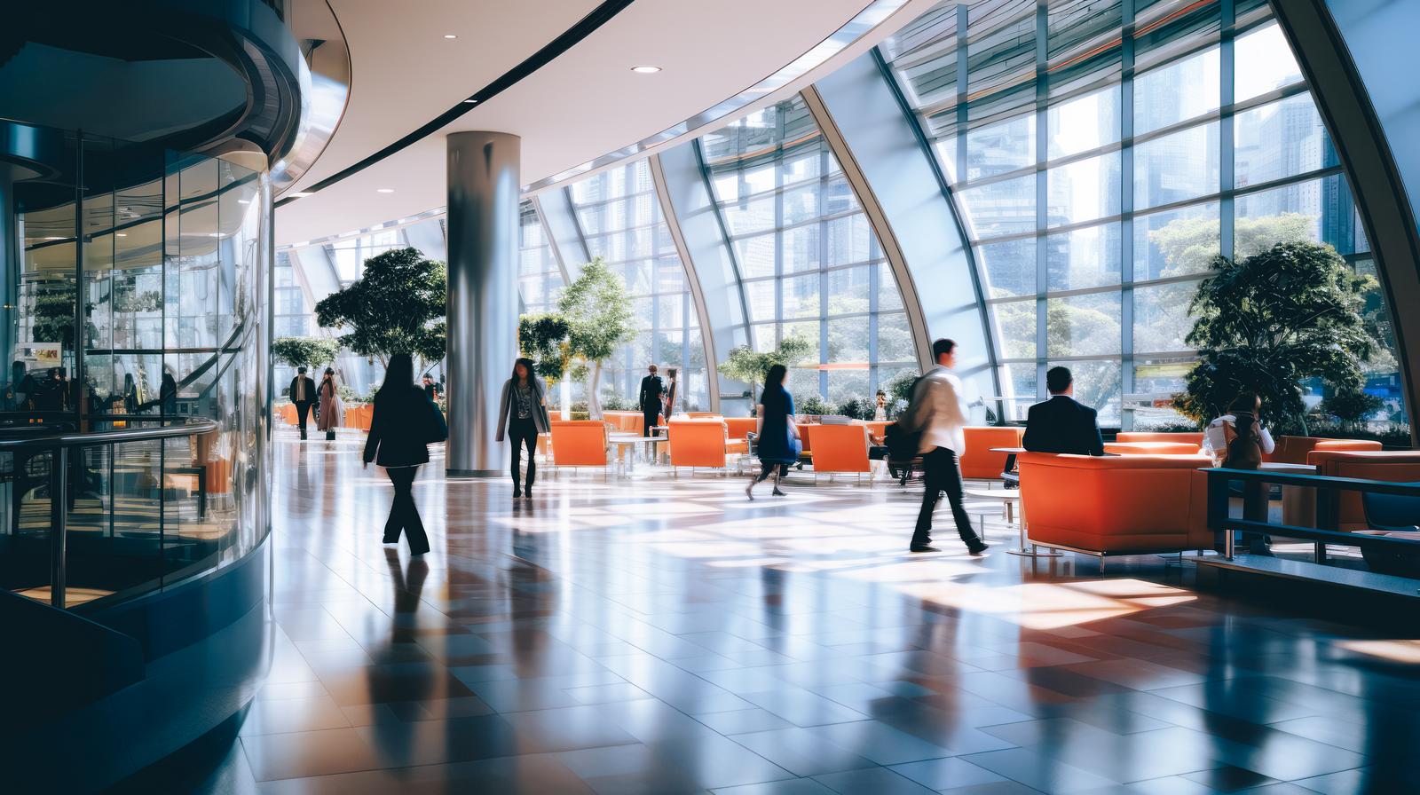 大きなガラス窓のあるモダンなオフィスビルのラウンジで、オレンジ色のソファーと観葉植物が配置されている
