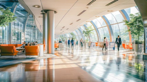 開放的なガラス張りのオフィスビルロビーラウンジ