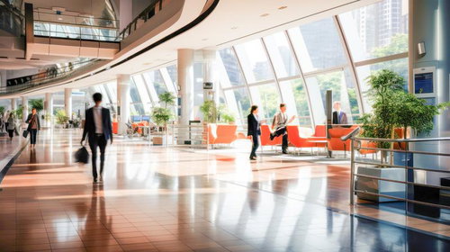 高層オフィスビルの商業施設ロビーで待ち合わせする人々