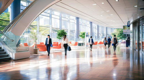 自然光が差し込むオフィスビルのロビー空間
