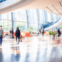 モダンオフィスビルの開放的なラウンジ空間の写真