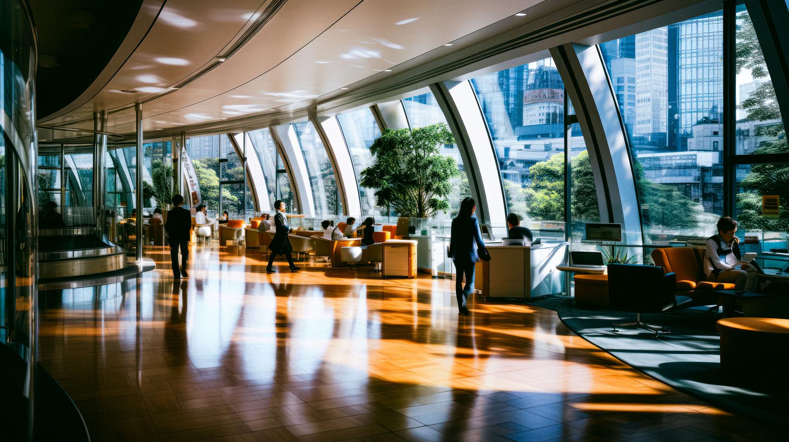 高層オフィスビルのラウンジで、ガラス窓から都市を望み、オレンジのソファーと床に陽光が映る室内空間