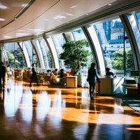 モダンなオフィスビルのラウンジと大きな窓際のテーブルの写真