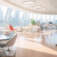 日の出の下で始まるビジネスデイのオフィスラウンジの写真