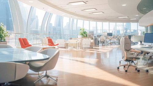 日の出の下で始まるビジネスデイのオフィスラウンジ