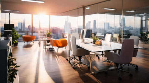 ガラス越しの夕焼けと高層オフィスビルのビジネスワールド