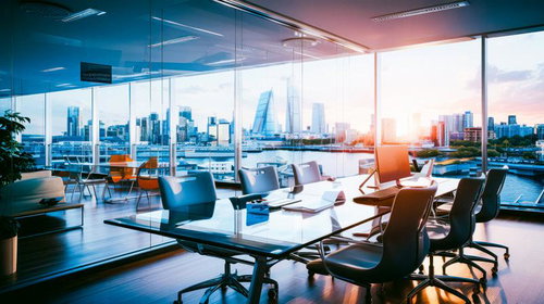 都市景観を眺めるオフィスビル内のデスク・ワークスペース