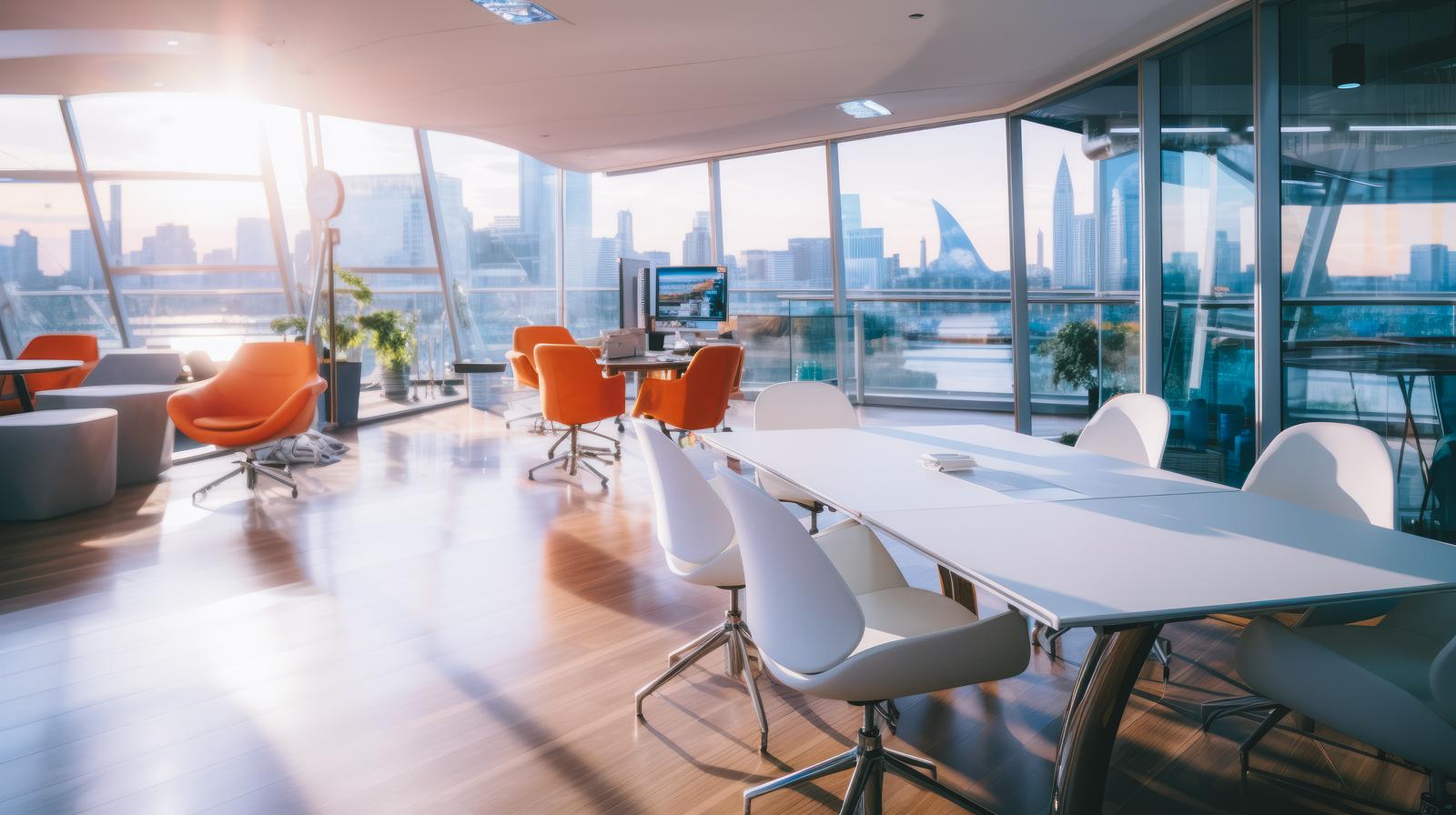夕日が差し込む高層ビルのガラス張り会議室の風景